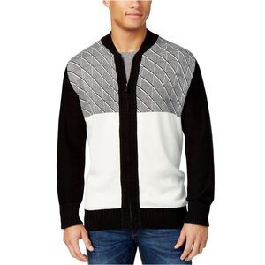 Sean John Mens Jacquard Zip-Up Cardigan Sweater, Black, NWT